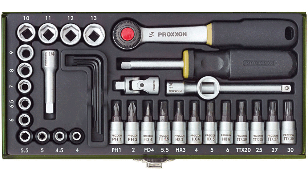 Proxxon Feinmechaniker-Satz mit 1/4""-Ratsche, 36-teilig.