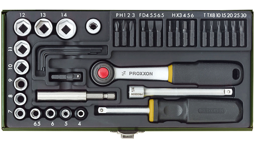 Proxxon Schraubersatz mit 1/4""-Ratsche und Magnethalter, 39-teilig.